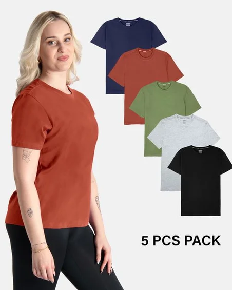 Camiseta de gola redonda em algodão macio – Pack 5 unidades
