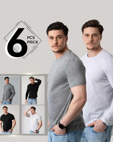 Pacote de 6 Camisetas de Manga Longa e Curta para Homens