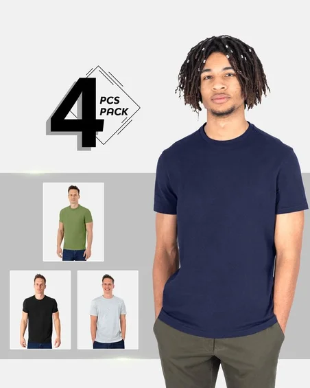 Camiseta de gola redonda em algodão macio – Pack 4 unidades