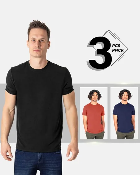 Camiseta de gola redonda em algodão macio – Pack 3 unidades