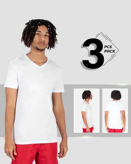 Camiseta V-neck de algodão macio – Pack 3 unidades