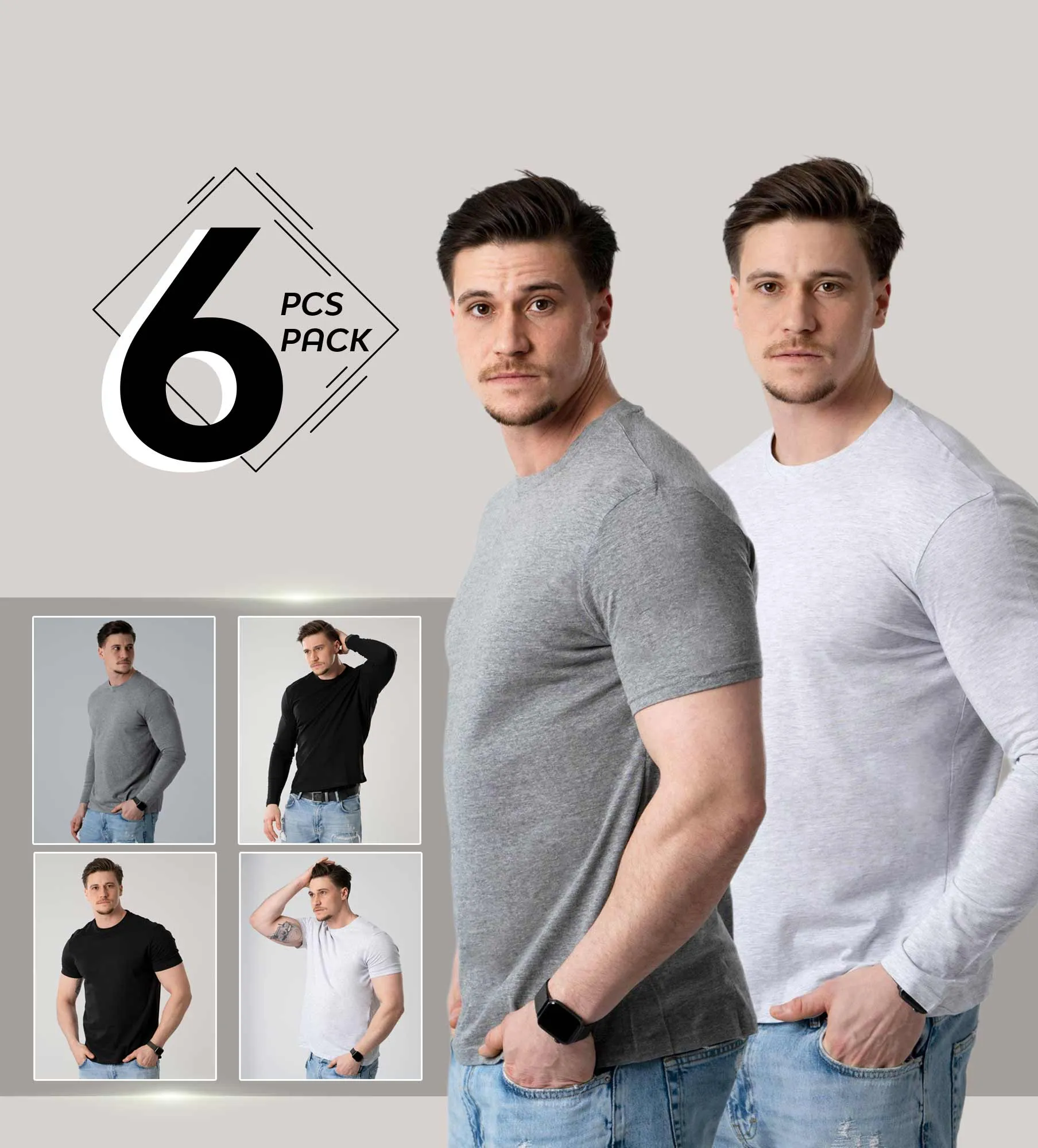 Pacote de 6 Camisetas de Manga Longa e Curta para Homens