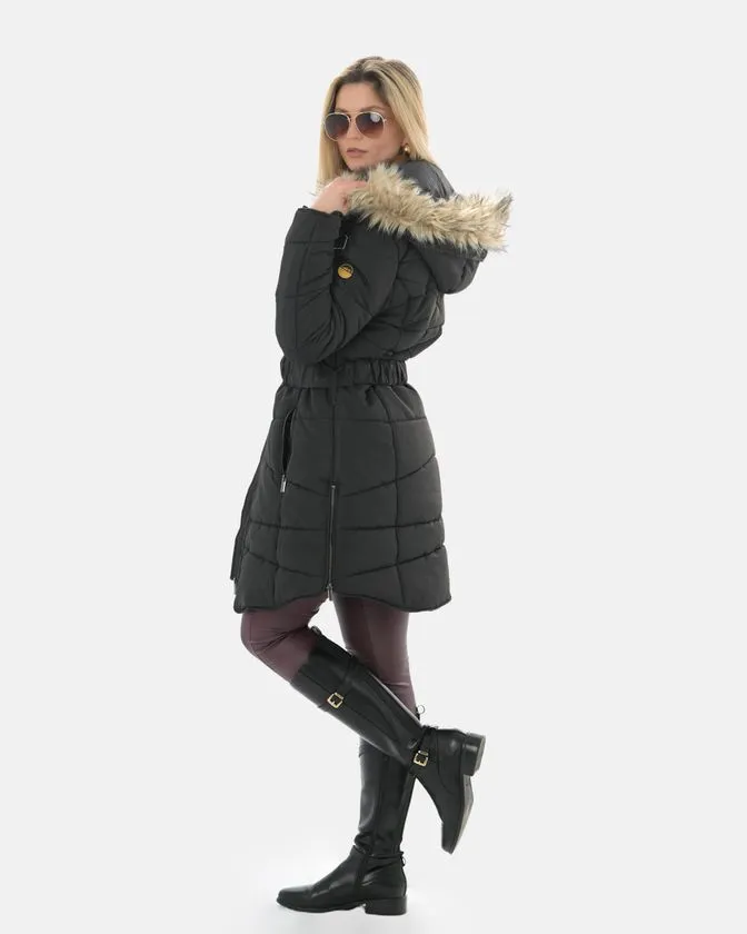 Casaco longo feminino com capuz de pelo sintético