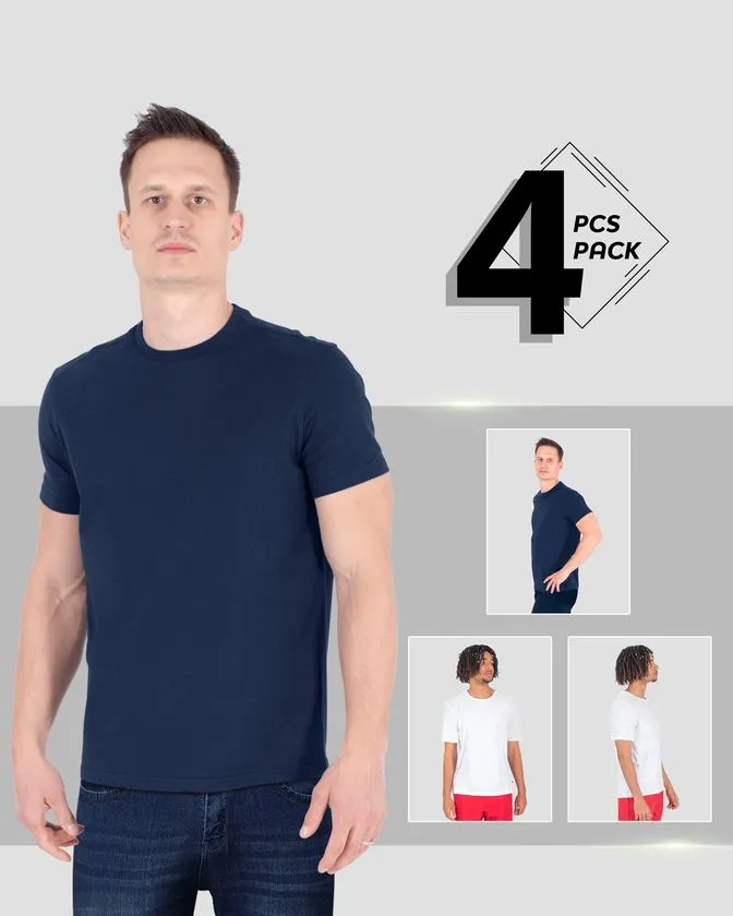 Camiseta de gola redonda em algodão macio – Pack 4 unidades